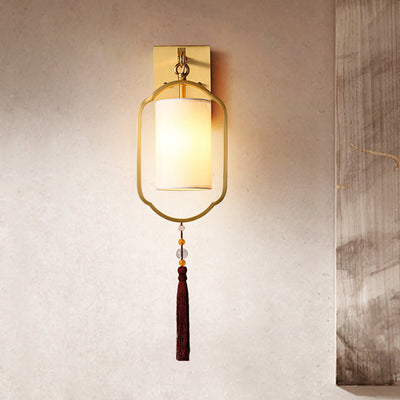 Contemporary Retro Brass Fabric Cylindrical Shade 1-Light Wall Sconce Lamp For Living Room