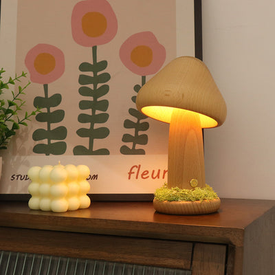 Modern Art Deco Mushroom Round Solid Wood LED Table Lamp For Bedroom