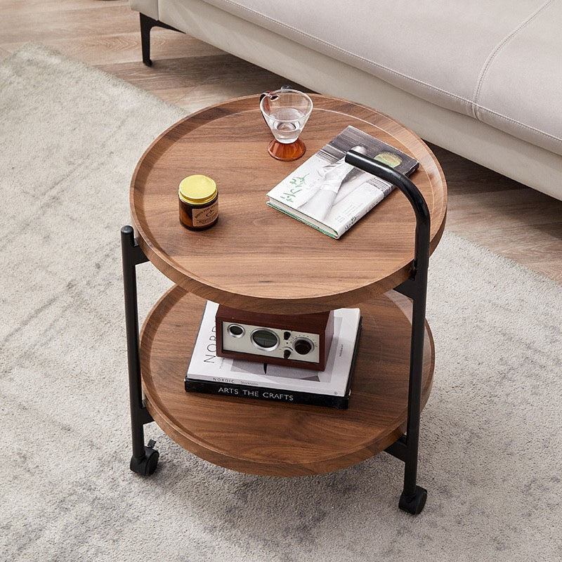 Modern Minimalist Round Iron Wood Coffee Table 2-Tier For Living Room