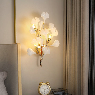 Contemporary Creative Ginkgo Leaf Iron Plastic Porcelain 2/3 Light Wall Sconce Lamp For Living Room