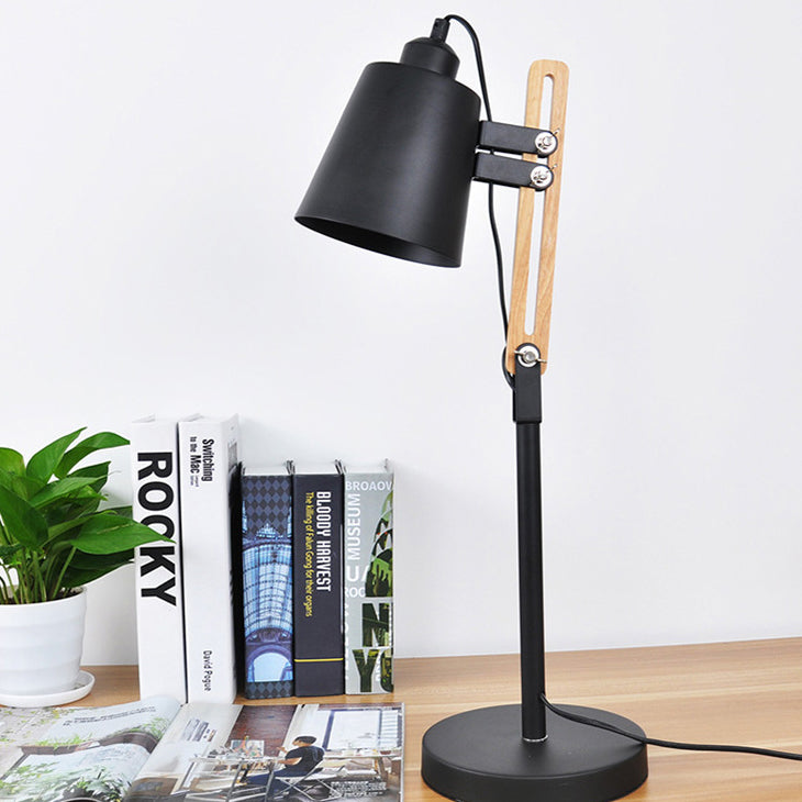 Contemporary Nordic Cylinder Iron Wood Rotatable 1-Light Desk Lamp For Study