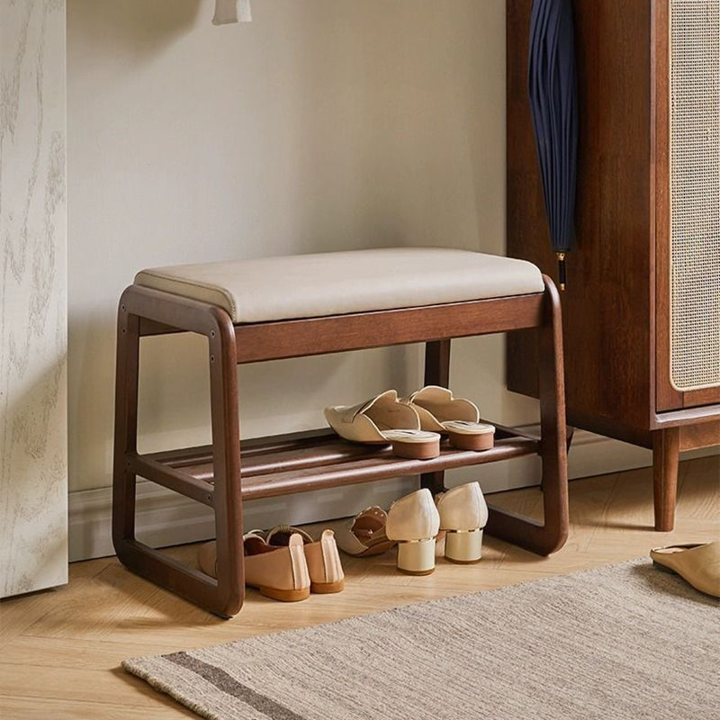 Modern Minimalist Rectangular Solid Wood Leather Shoe Storage Benches For Entryways