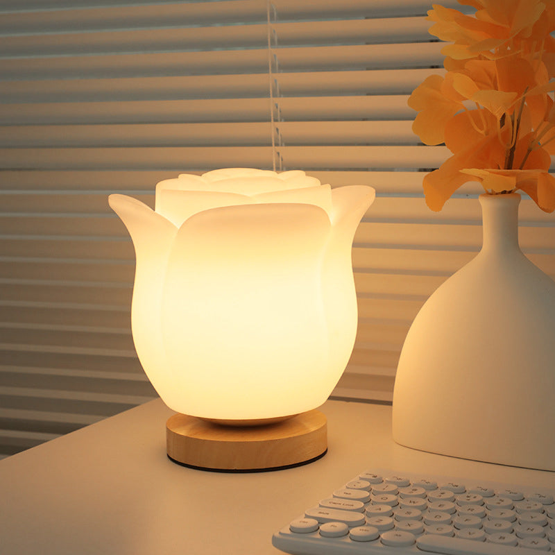 Modern Simplicity Flower Polyethylene Wooden LED Table Lamp For Bedroom