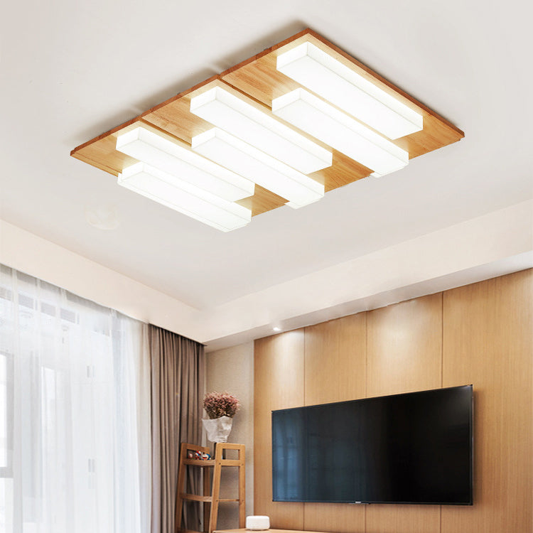 Traditional Japanese Acrylic Rectangular Block Combination Wood LED Flush Mount Ceiling Light For Bedroom