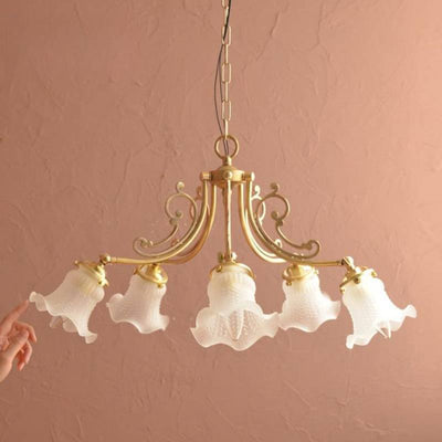 Traditional French Brass Carved Lamp Arm Alabaster Flower Glass 3/5-Light Chandelier For Living Room