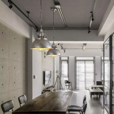 Luz colgante de 1 luz con pantalla semicircular de aluminio gris envejecido retro industrial contemporáneo para sala de entretenimiento 