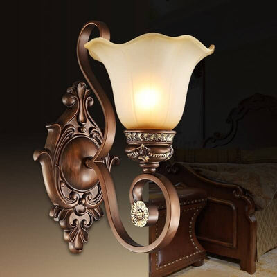 Traditional Vintage Iron Glass Flower Shape 1-Light Wall Sconce Lamp For Hallway