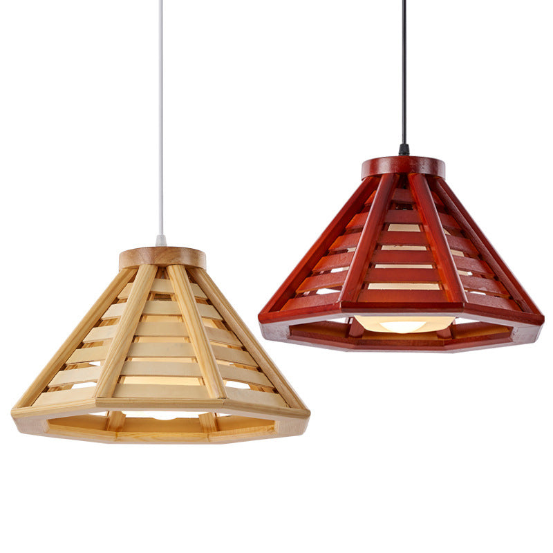 Traditional Japanese Iron Wood Conic Pyramid 1-Light Pendant Light For Dining Room