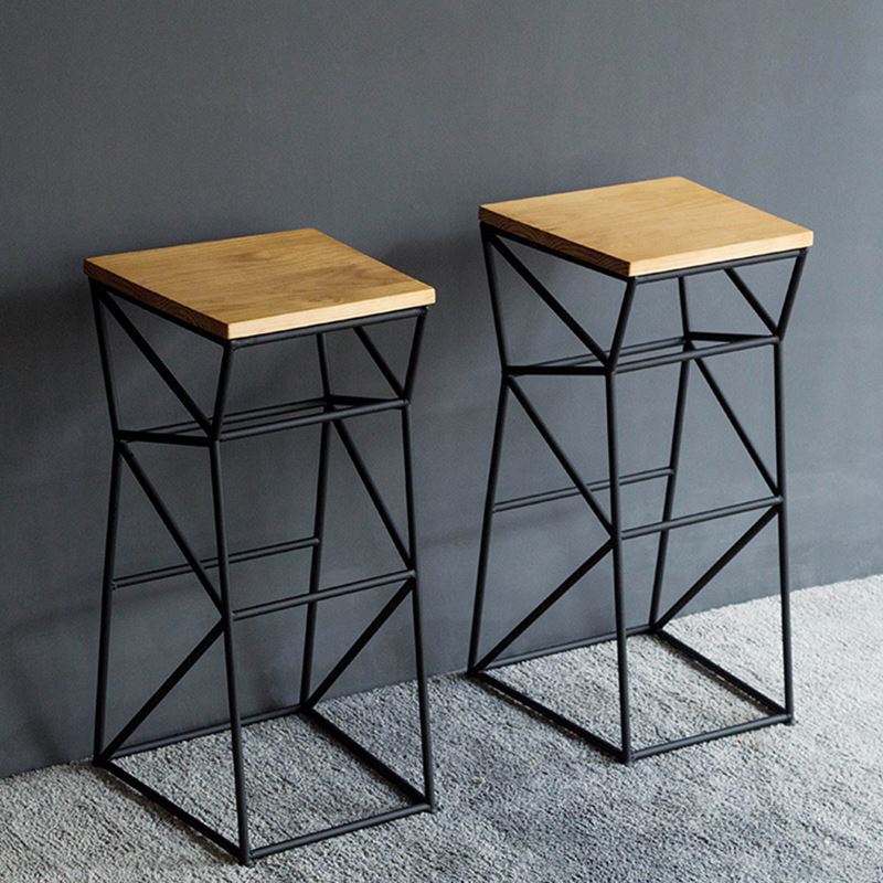 Contemporary Industrial Iron Wood Geometric Frame Square Bar Stool Footrest For Dining Room