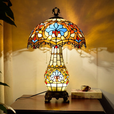 Traditional Tiffany Floral Peach Heart Design Stained Glass 2-Light Table Lamp For Living Room