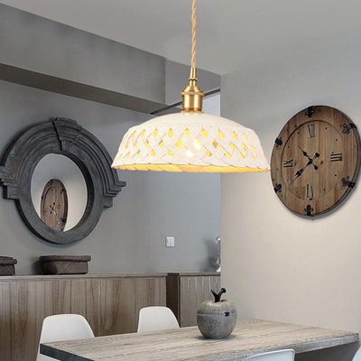 Contemporary Nordic Iron Braided Twisted Wire Round Bowl Hollowed Fence 1-Light Pendant Light For Dining Room