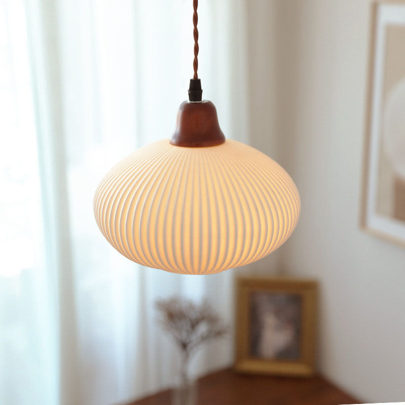 Contemporary Retro Pleated Ceramic Lantern Shade 1-Light Pendant Light For Living Room