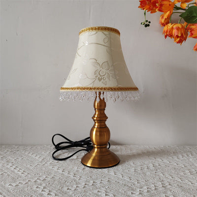 Traditional French Fabric Metal Flower Cylinder Fringe Bead 1-Light Table Lamp For Bedroom