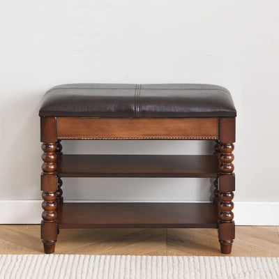 Traditional European Rectangular Wood Leather Vanity Stool Backless Armless For Living Room