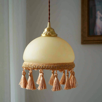 Traditional French Round Tassel Glass Copper Fabric 1-Light Pendant Light For Living Room