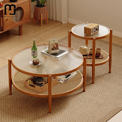 Traditional Japanese Round Glass Rattan Solid Wood End Table 2-Tier For Living Room