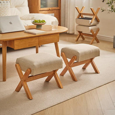 Contemporary Simplicity Wood Linen X-Shaped Legs Footstool Backless Armless For Entryways