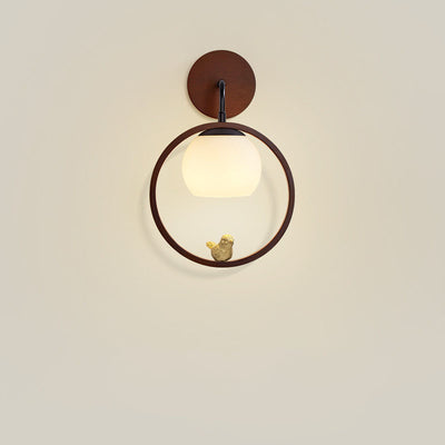 Modern Minimalist Circle Bird Wood Glass 1-Light Wall Sconce Lamp For Bedroom