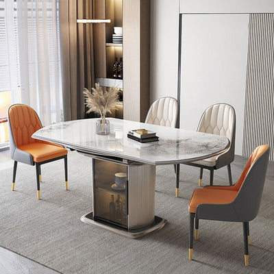 Contemporary Nordic Elliptical Slab Wood Glass Dining Table & Chair Set For 4 Seats