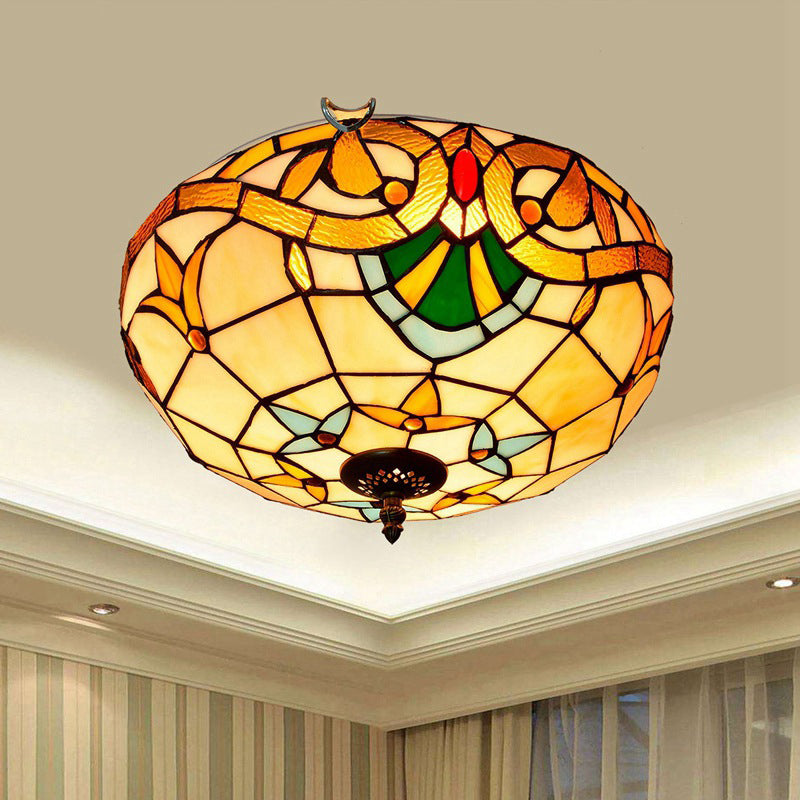 Traditional Tiffany Half Orb Flower Stripe Plaid Iron Stained Glass 3-Light Flush Mount Ceiling Light For Living Room