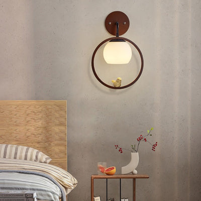 Modern Minimalist Circle Bird Wood Glass 1-Light Wall Sconce Lamp For Bedroom