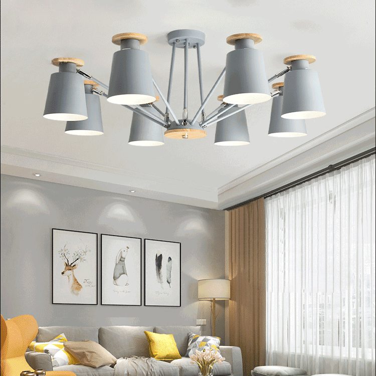 Contemporary Scandinavian Branch Cylindrical Cup Wood Iron 6/8 Light Chandelier For Living Room