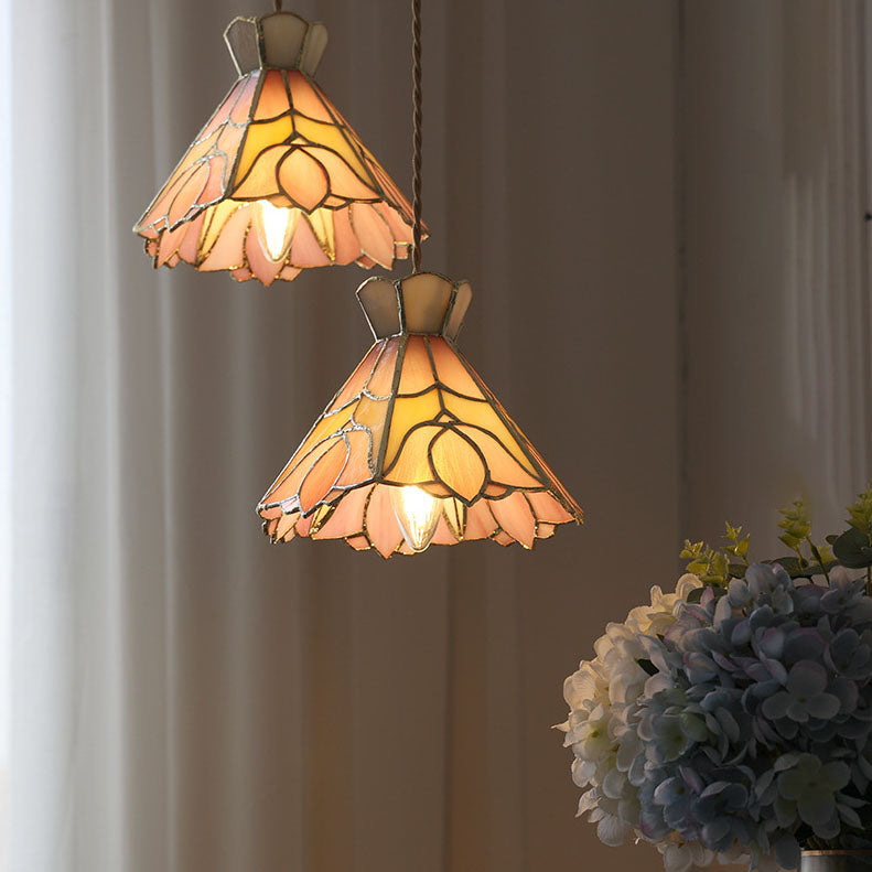 Contemporary Retro Brass Glass Conic Rose Tulip 1-Light Pendant Light For Dining Room