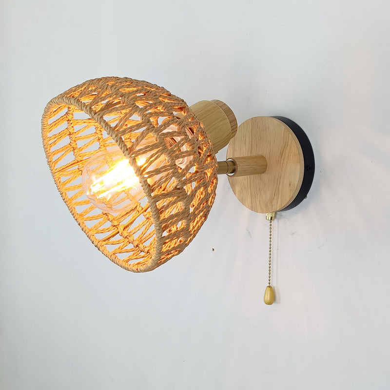 Traditional Farmhouse Paper Rattan Weaving Hollow Out Dome 1-Light Wall Sconce Lamp For Bedroom