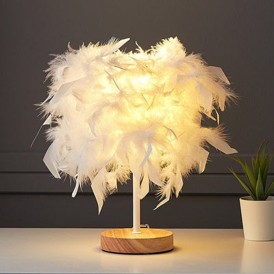 Modern Art Deco Feather Weaving Wood Base USB Rechargeable LED Table Lamp For Bedroom