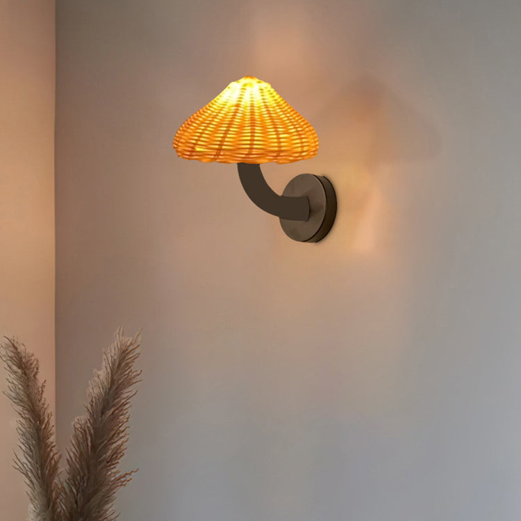 Traditional Japanese Rattan Iron Mushroom Shape 1-Light Wall Sconce Lamp For Bedroom