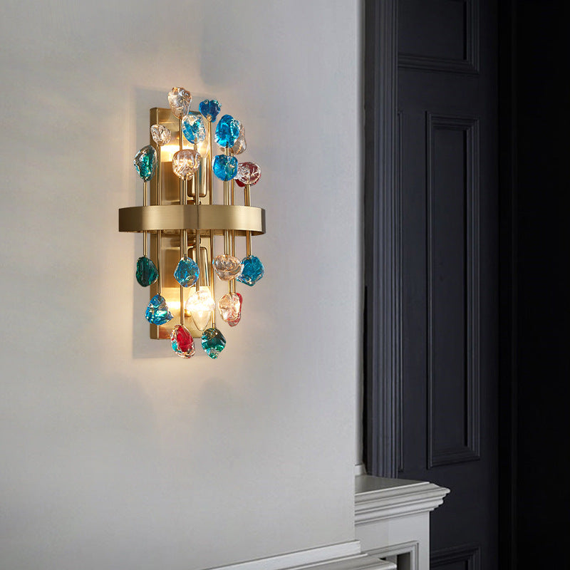 Modern Luxury Gold Finish Frame Colorful Crystal Stone 2-Light Wall Sconce Lamp For Living Room