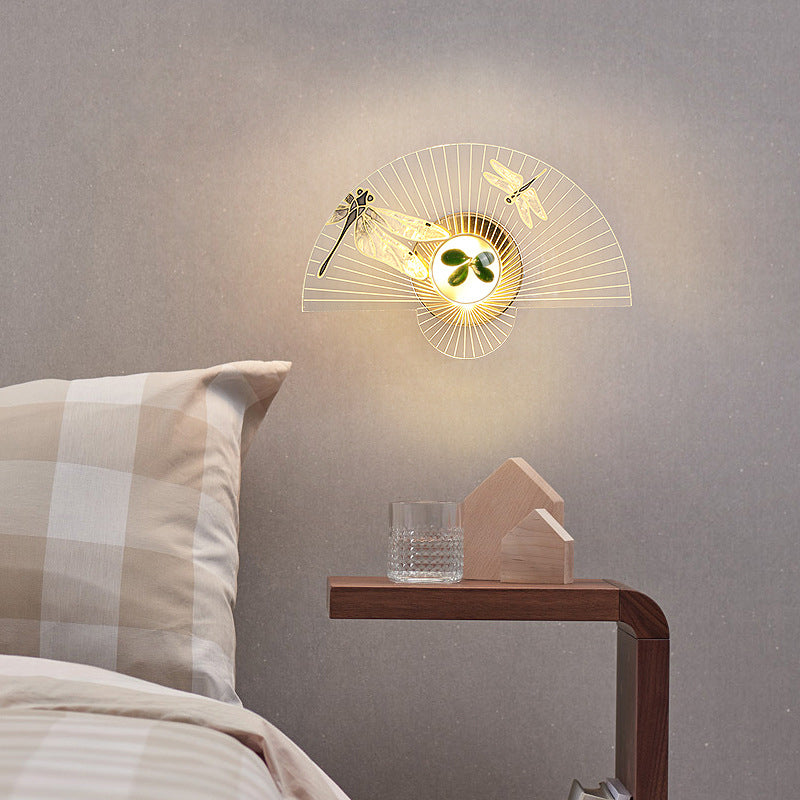 Contemporary Creative Fan-Shaped Acrylic Sunflower Dragonfly Decor LED Wall Sconce Lamp For Living Room