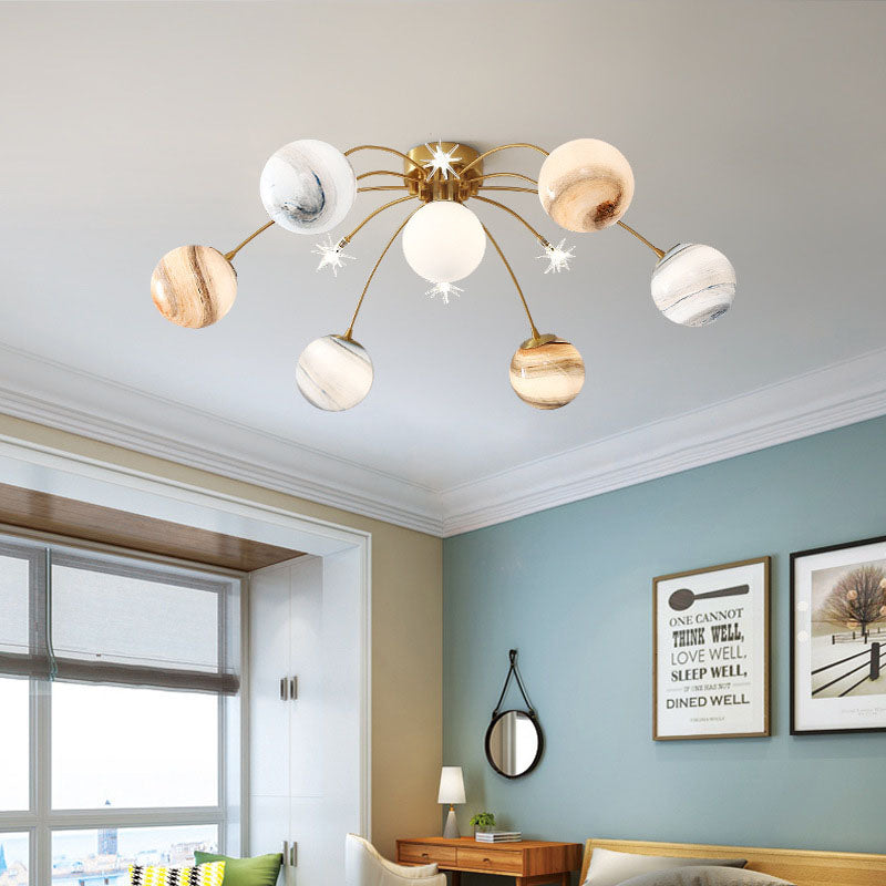 Contemporary Creative Planet Kids Iron Glass 13-Light Semi-Flush Mount Ceiling Light For Bedroom