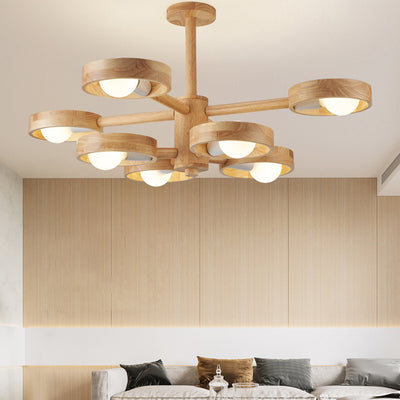 Contemporary Nordic Round Rotatable Rubber Wood 6/8 Light Chandeliers For Living Room