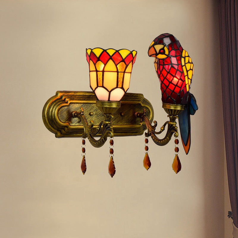 Traditional Tiffany Parrot Stained Glass Crystal String 2-Light Wall Sconce Lamp For Living Room