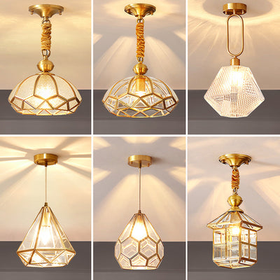 Modern Luxury Gold Finish Frame Geometric Glass Shade 1-Light Pendant Light For Bedroom