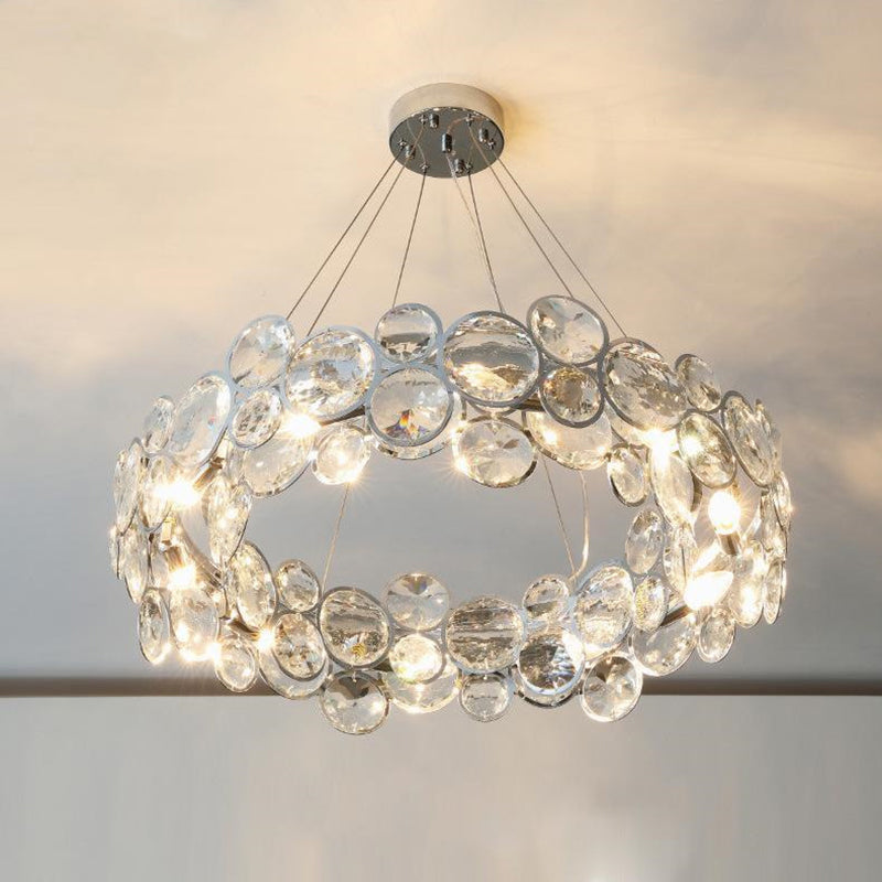 Modern Luxury Tiered Crystal Disc Round Shade Stainless Steel 8/12-Light Chandelier For Living Room