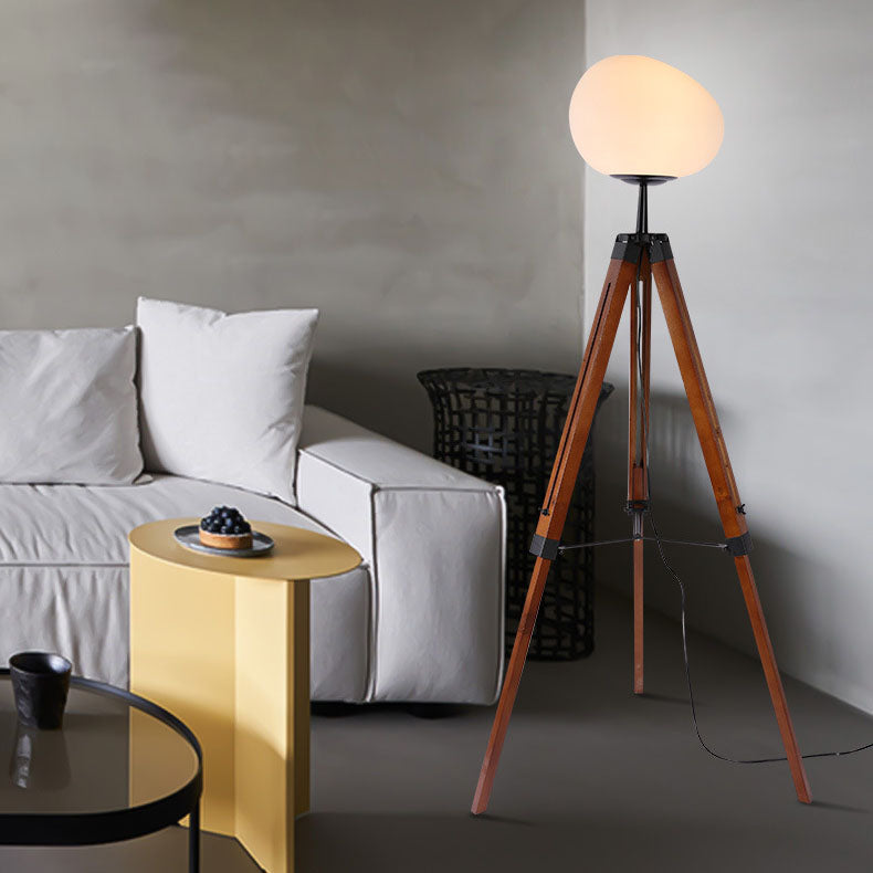 Contemporary Retro PE Round Shade Adjustable Wood Tripod Stand 1-Light Standing Floor Lamp For Bedroom