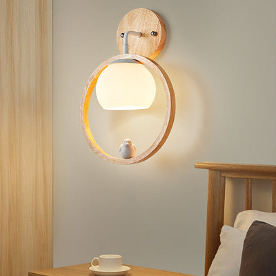 Contemporary Scandinavian Round Bird Wood Glass 1-Light Wall Sconce Lamp For Bedroom