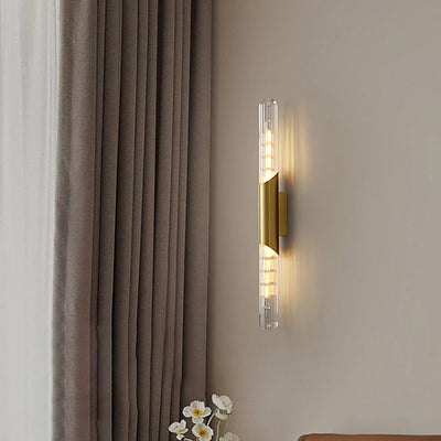 Contemporary Nordic Brass Glass Strip 2-Light Wall Sconce Lamp For Living Room