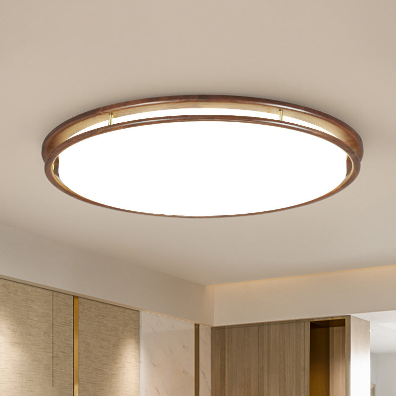 Modern Minimalist Geometric Round Walnut Wood Acrylic LED Flush Mount Ceiling Light For Living Room