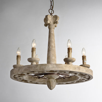 Traditional Farmhouse Distressed Wood Candlestick Iron Round 6-Light Chandelier For Living Room