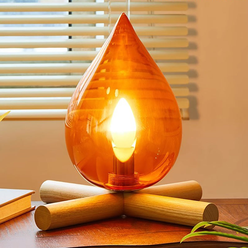 Contemporary Creative Flame Fire Pile Solid Wood Glass 1-Light Table Lamp For Bedroom