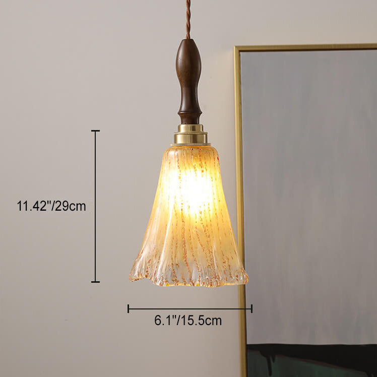 Lampe suspendue moderne et minimaliste à 1 lumière en bois de noyer et verre en forme de fleur 