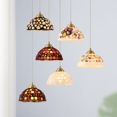 Traditional Japanese Brass Stained Glass Half Round Shell Design 1-Light Pendant Light For Bedroom