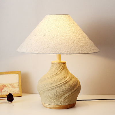 Traditional Japanese Cone Fabric Shade Concrete Vase Base 1-Light Table Lamp For Study