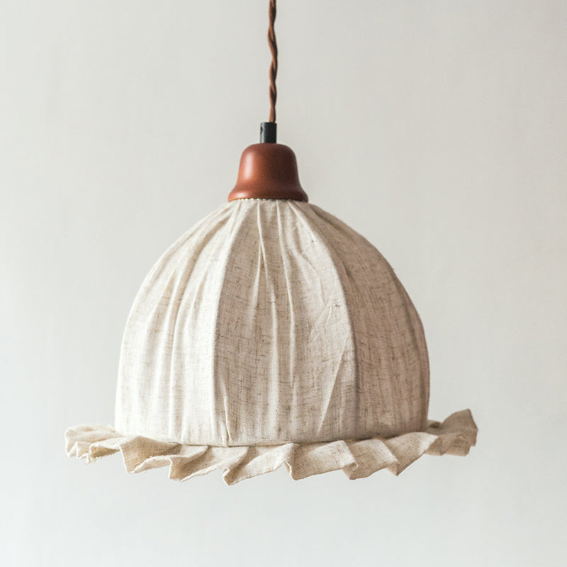 Contemporary Retro Hemispherical Lace Solid Wood Fabric 1-Light Pendant Light For Bedroom