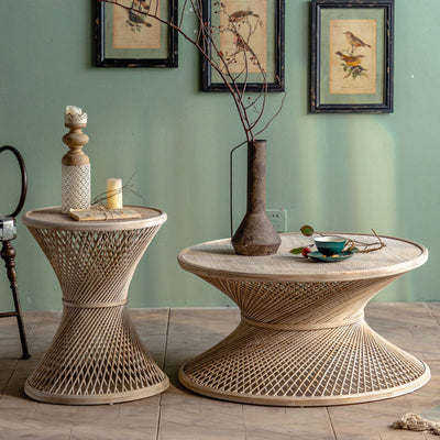 Traditional Japanese Round Rattan End Table 1-Tier For Living Room