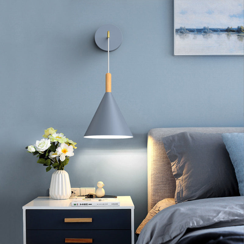 Modern Minimalist Cylinder Round Table Disc Base Iron Oak 1-Light Wall Sconce Lamp For Bedroom