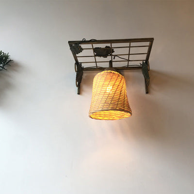 Traditional Rustic Rectangular Grid Cylinder Iron Bamboo Woven 1-Light Wall Sconce Lamp For Living Room